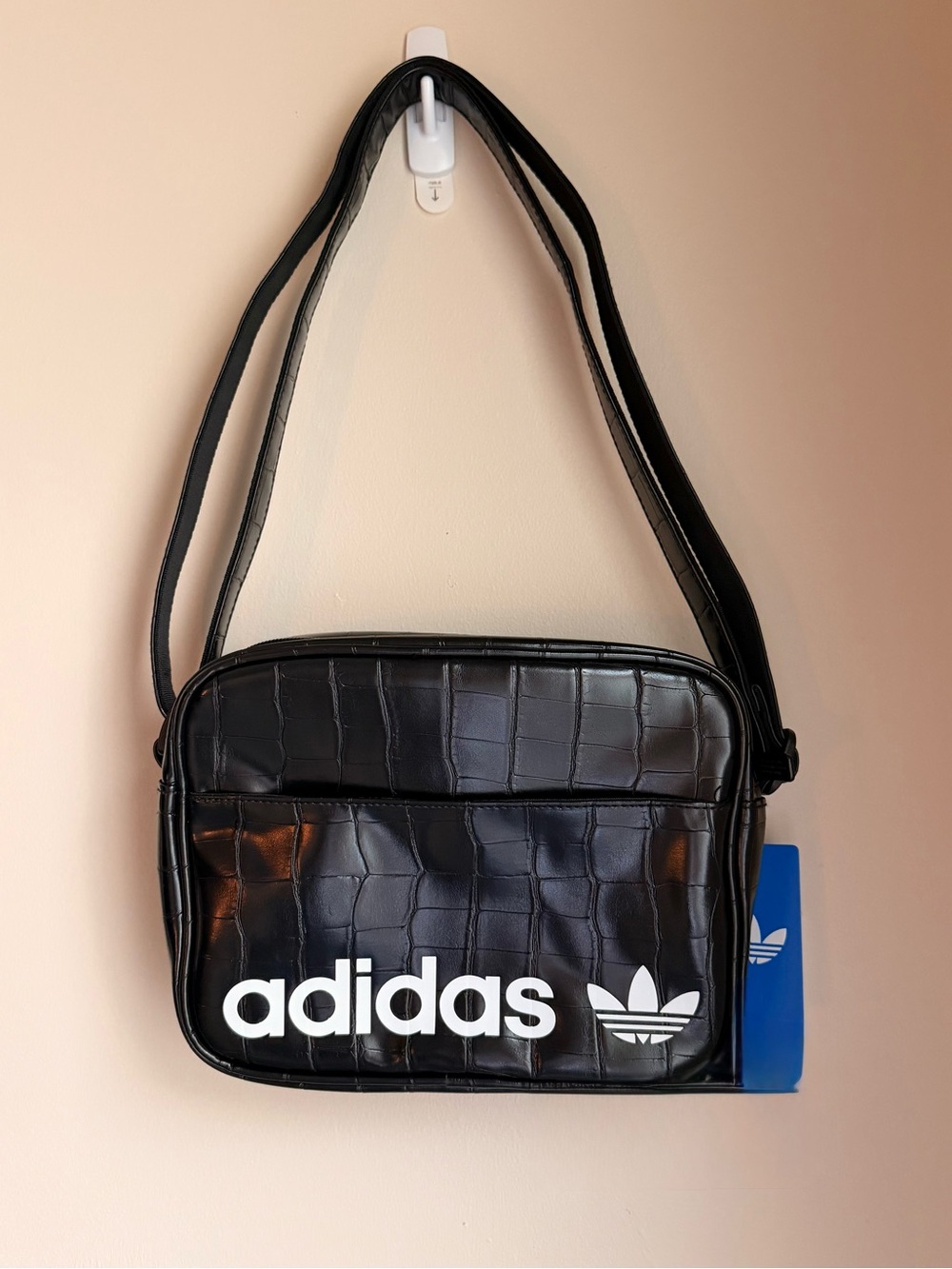 adidas airliner tote croc embossed black with white logo NWT